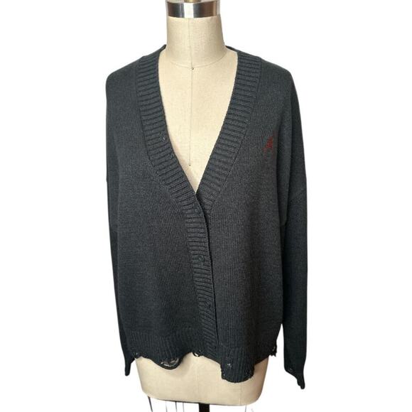 Jordan Black Gray Knit Button Up V-Neck Distressed Cardigan Sweater Womens M NWT - Picture 1 of 9